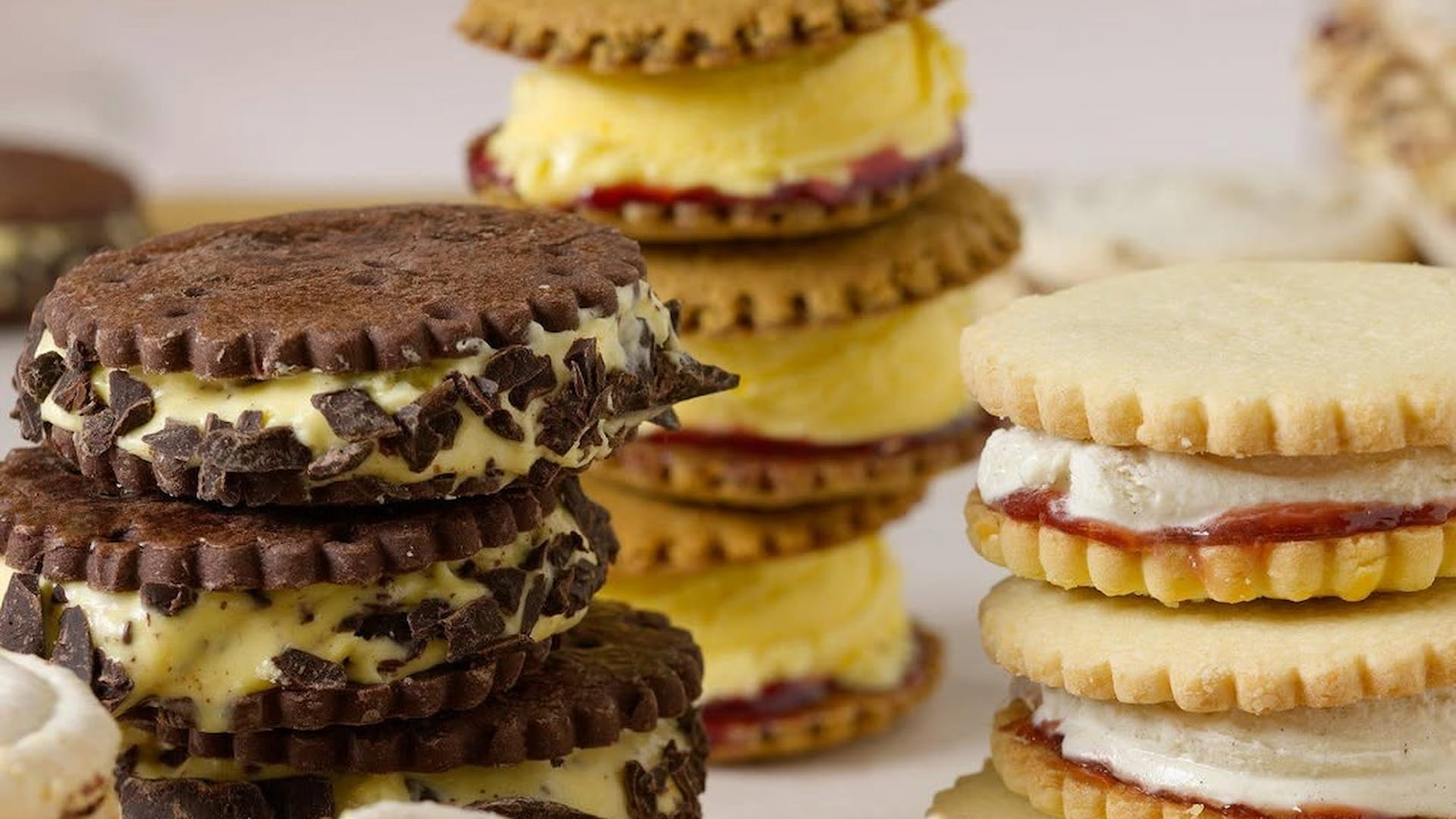 Variety of ice cream cookie sandwiches