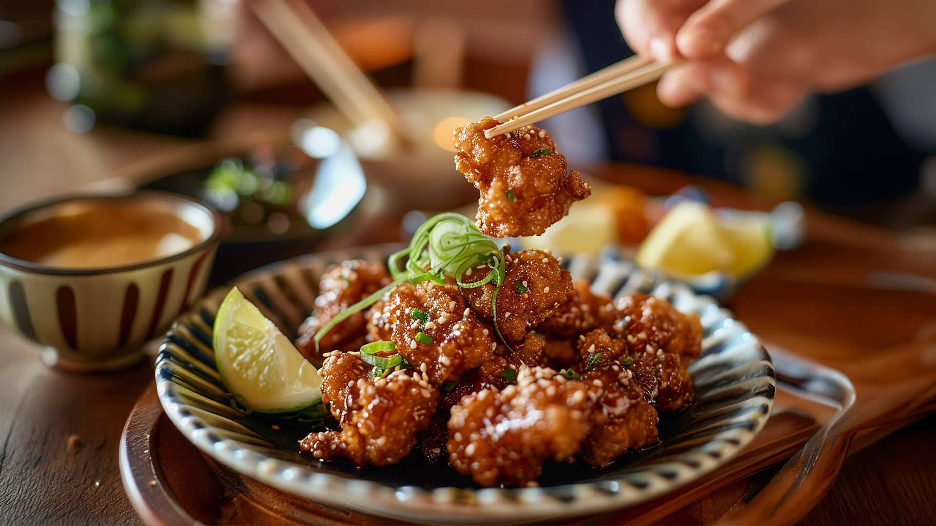 Chopsticks lift sesame-glazed fried chicken from a plated dish