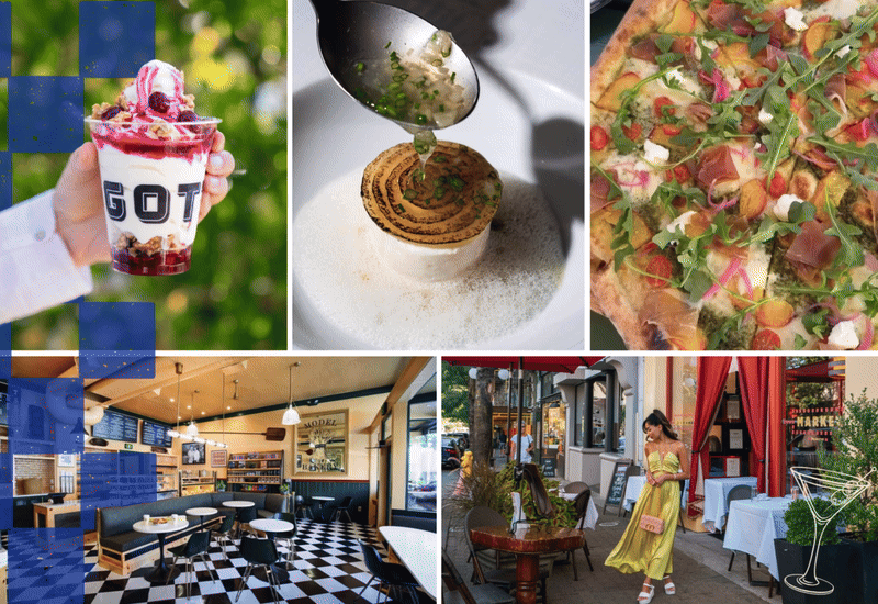 Collage of food, drinks, and dining scenes.