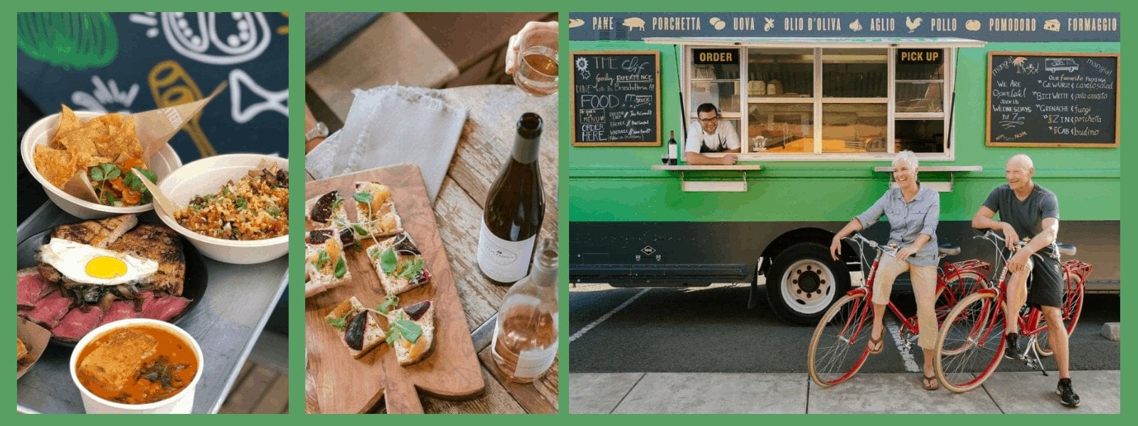 Food truck, dishes, and cyclists.