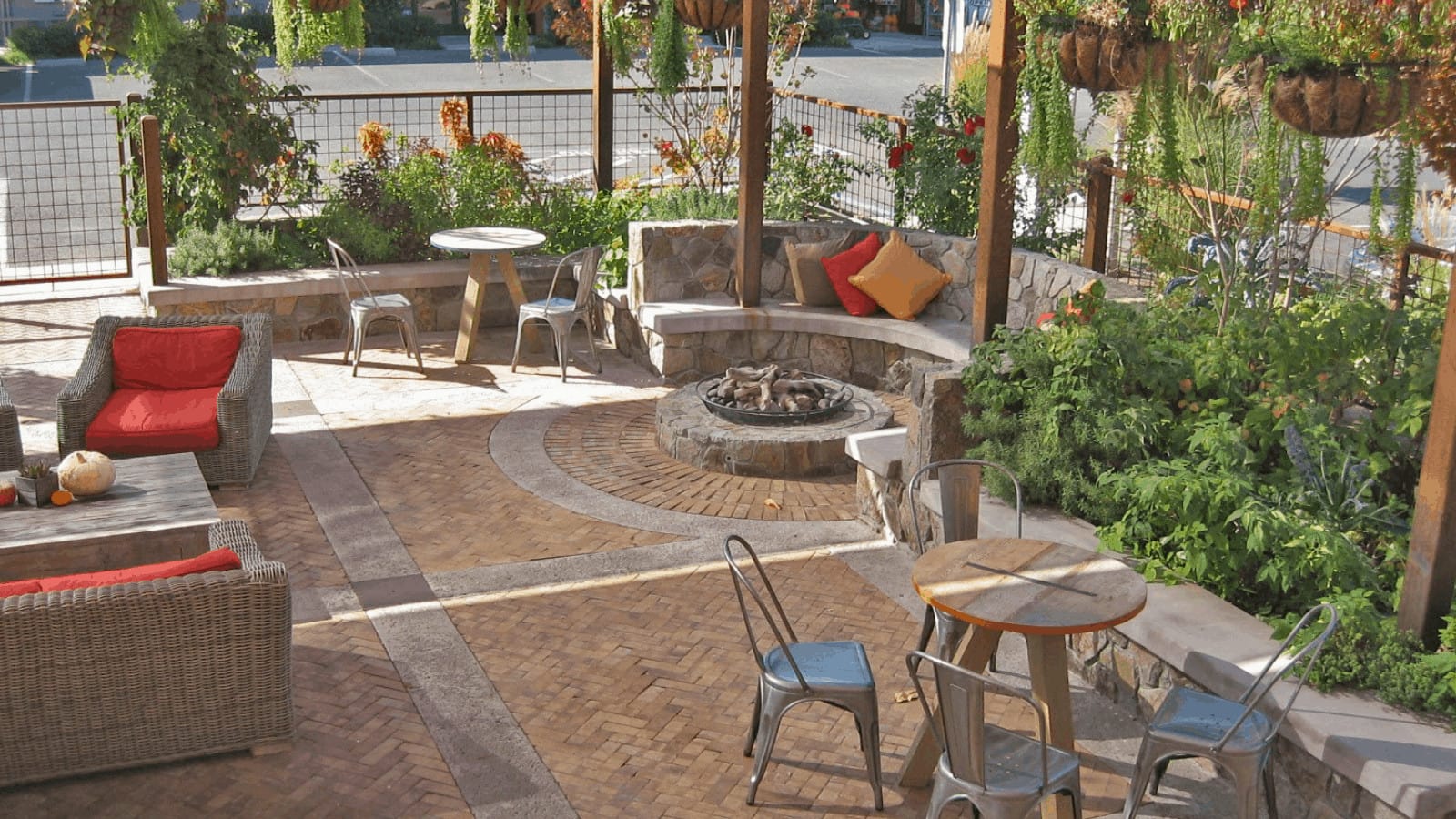 Cozy outdoor seating area with fire pit.