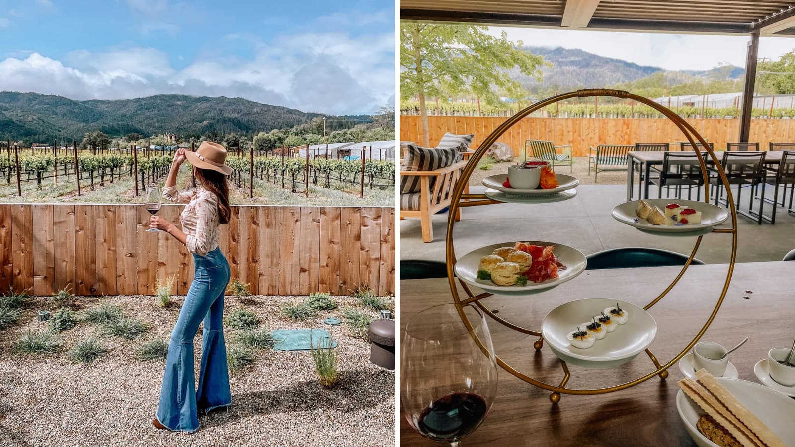 Woman at vineyard with afternoon tea setup.