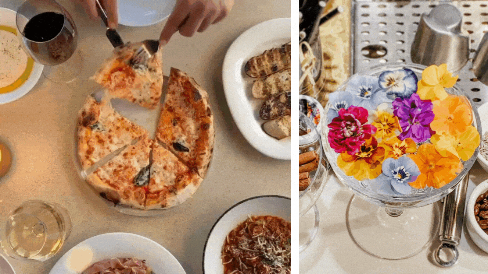 Gourmet pizza and floral cocktail.