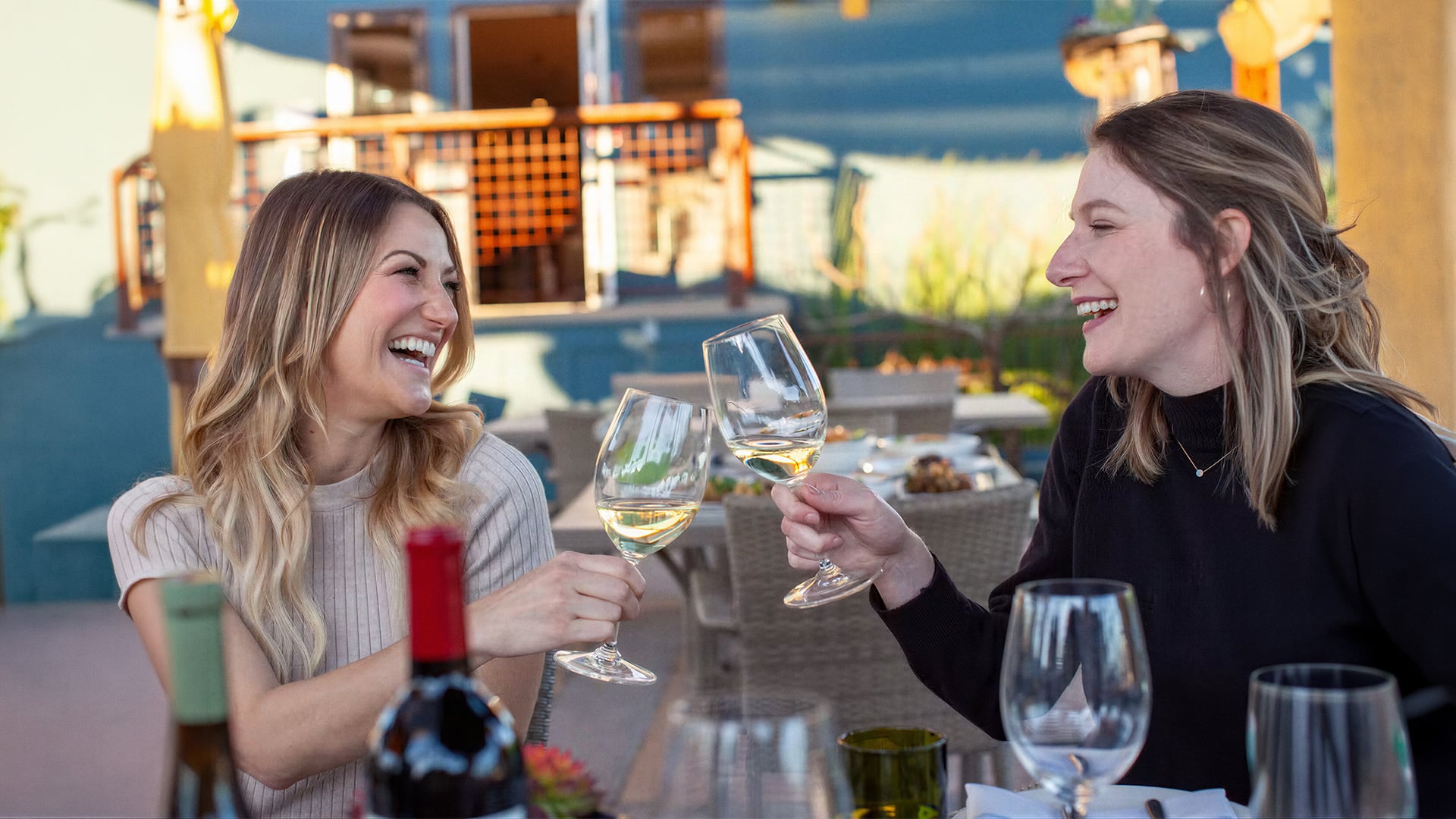 Two women laughing while toasting wine glasses outdoors