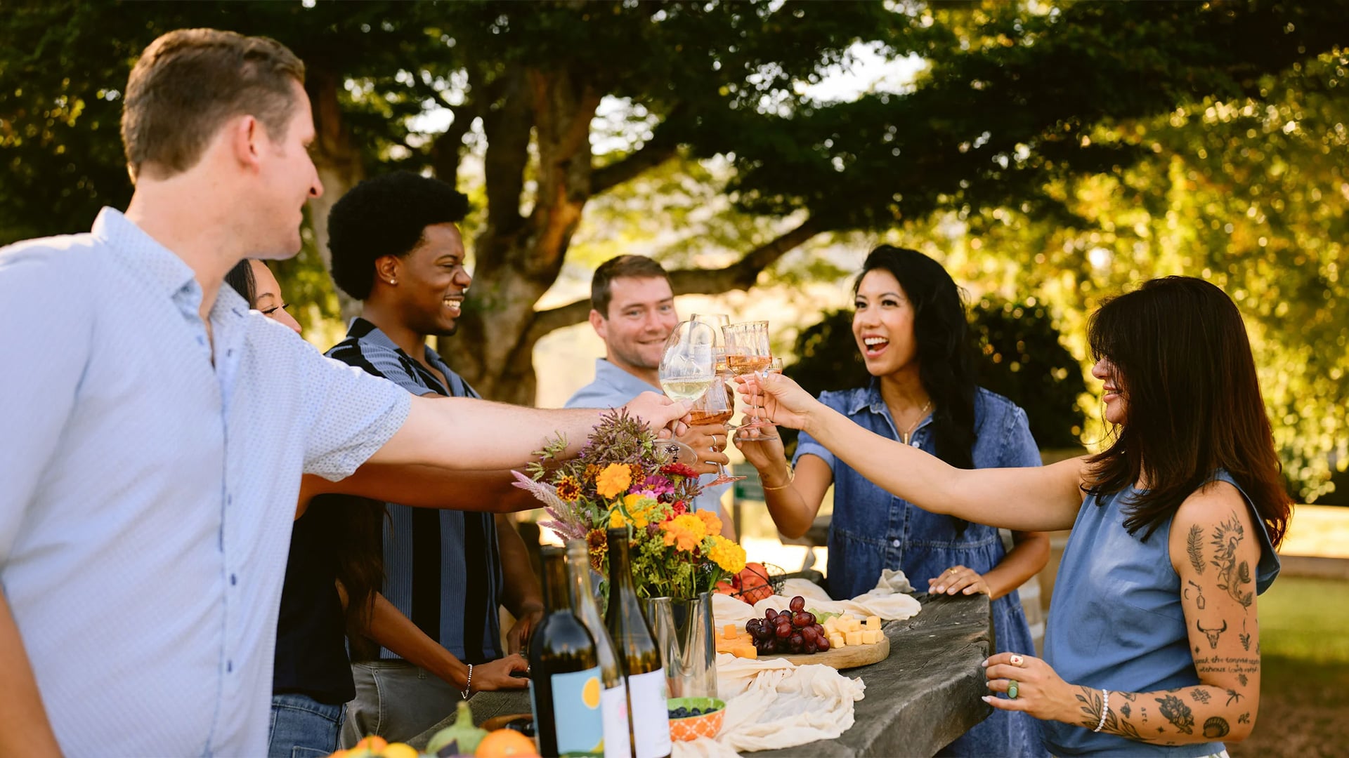 Friends toast with wine at an outdoor gathering