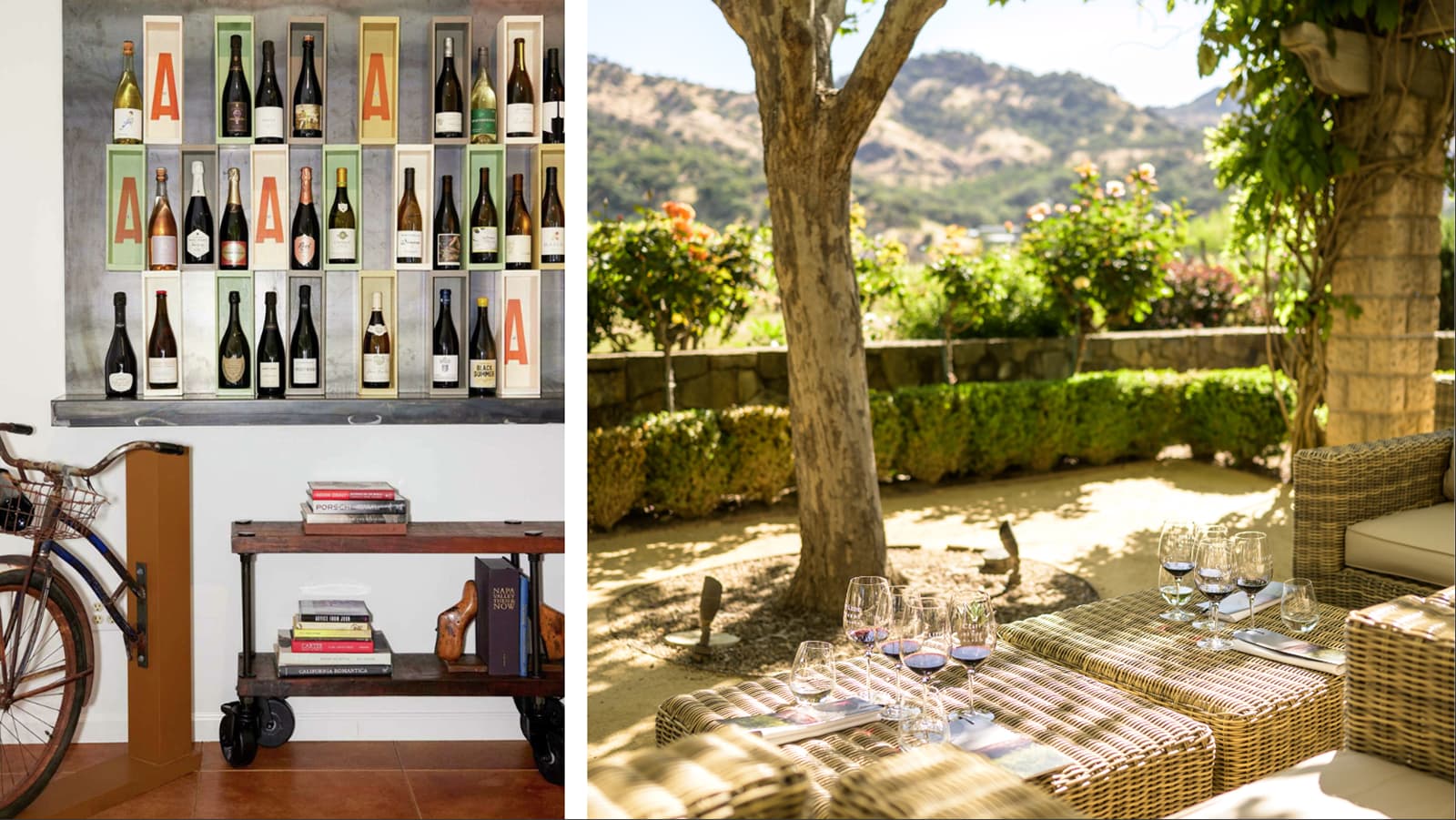 Wine bottles wall shelf, patio with wine glasses