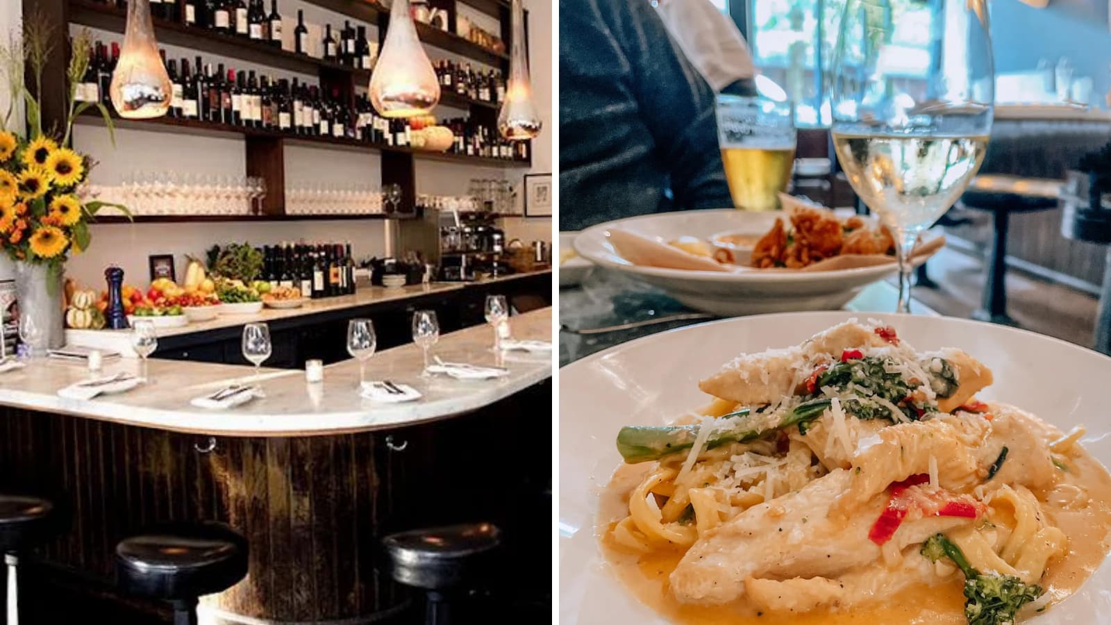Cozy restaurant bar and delicious pasta dish