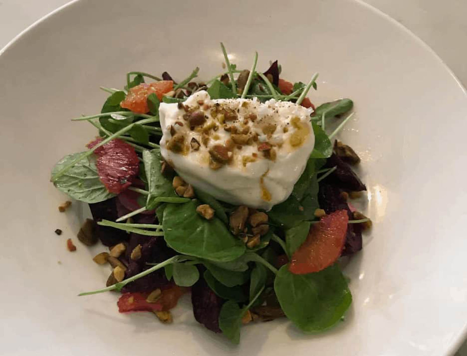 Burrata salad with greens and grapefruit slices.
