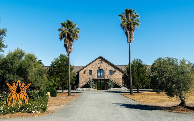 Stone building with palm trees and sculpture