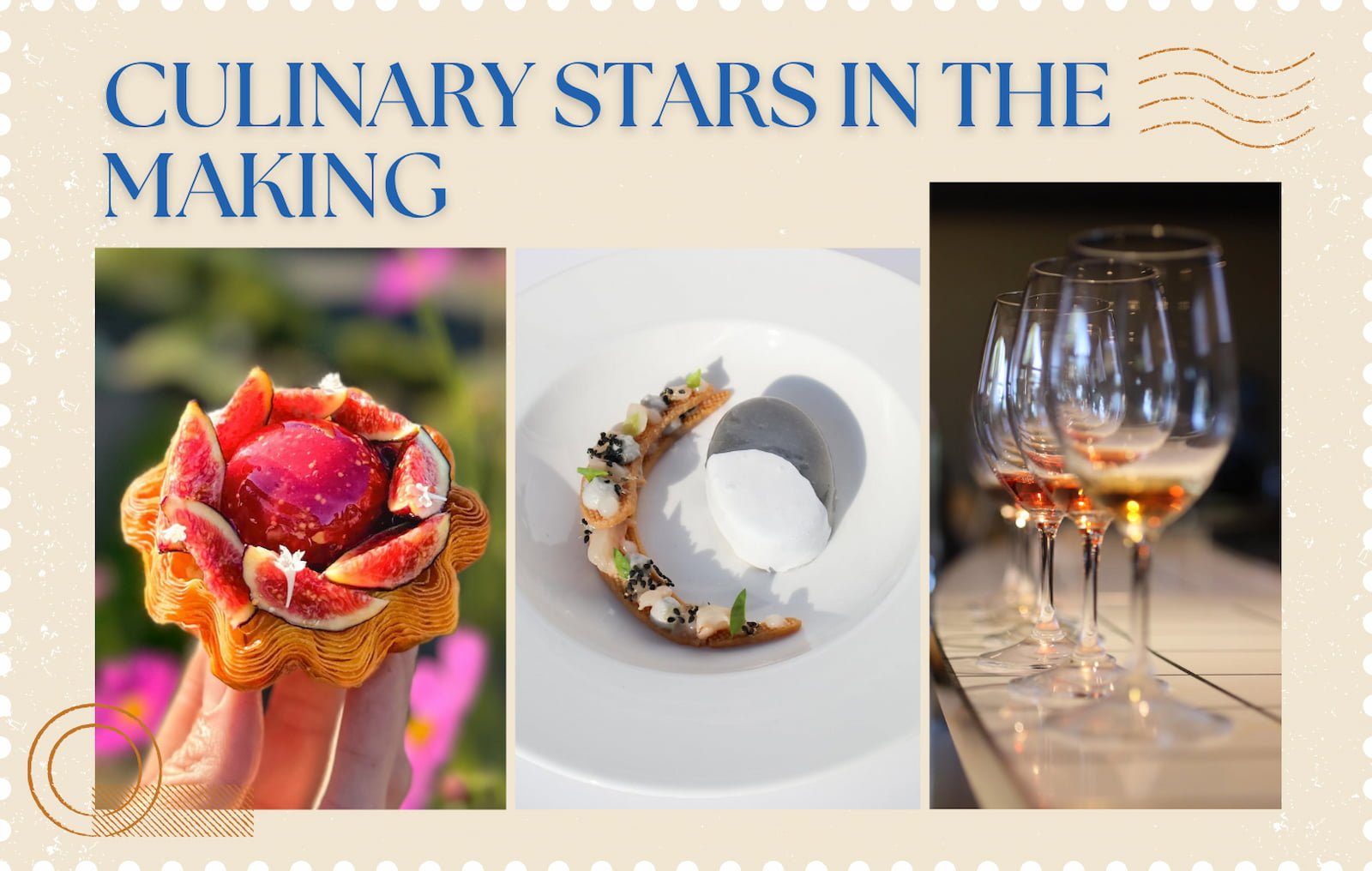 Gourmet desserts and wine glasses on display.