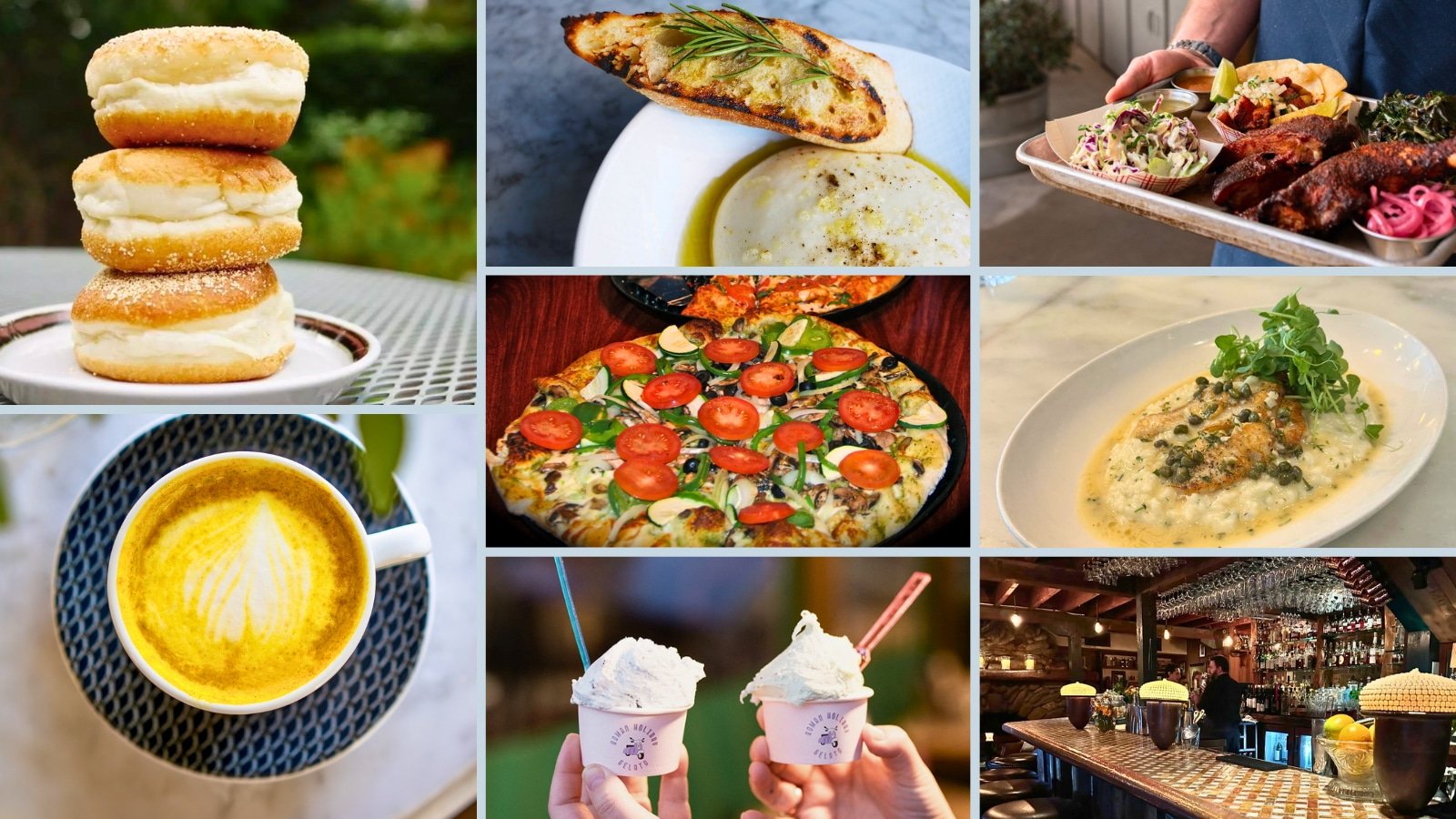 Collage of diverse foods and drinks at a restaurant.