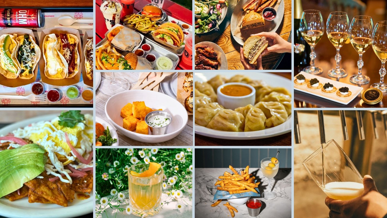 Collage of diverse foods and drinks.