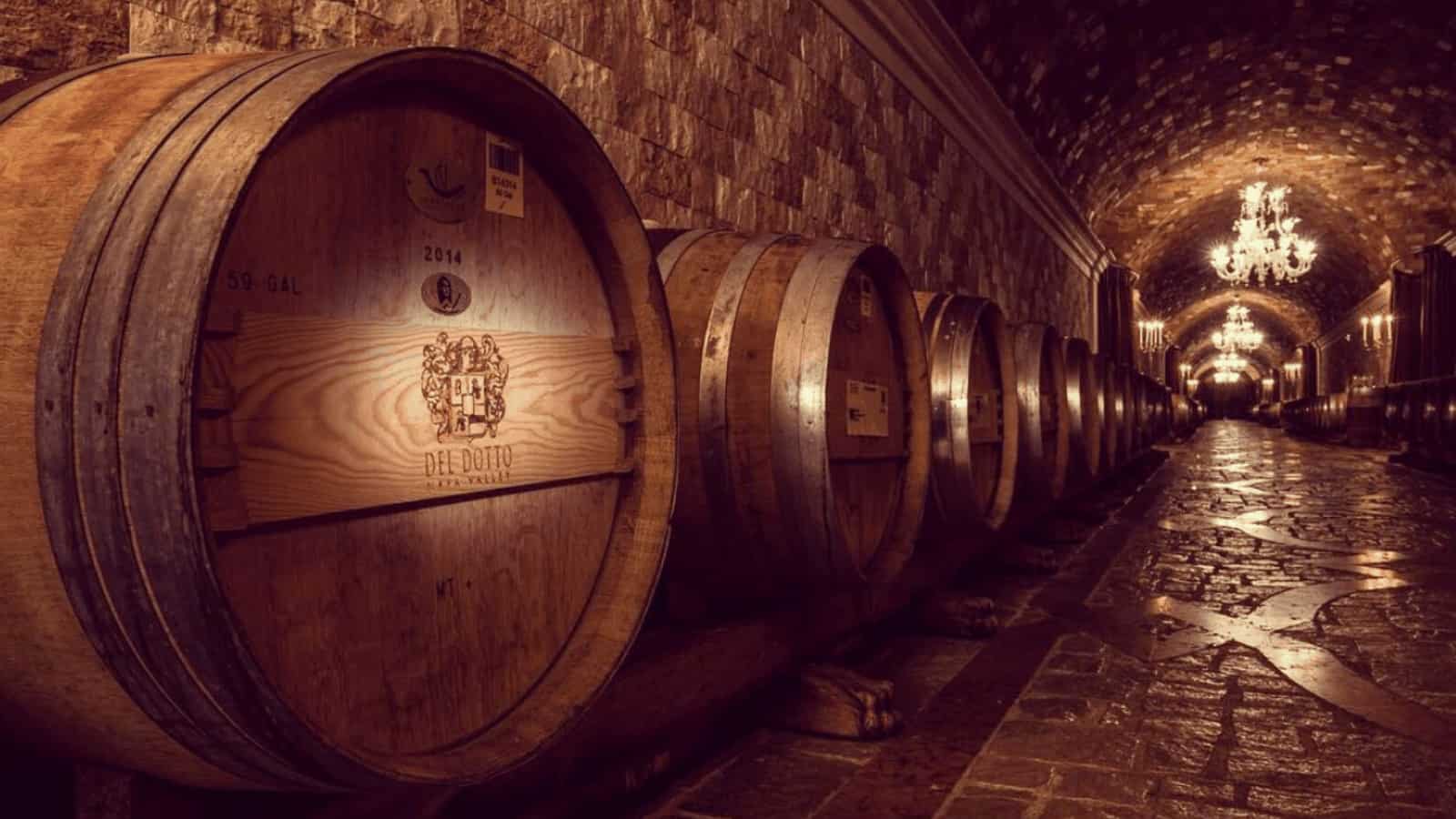 Wine barrels in an underground cellar.