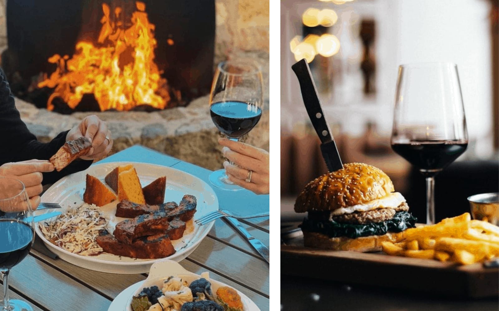 Steak, burger, and wine by a fireplace.