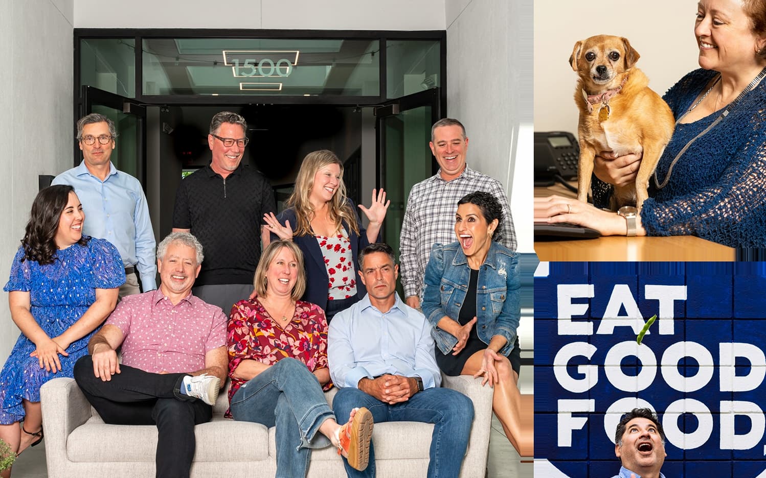 Group laughing, woman with dog, 'Eat Good Food' sign