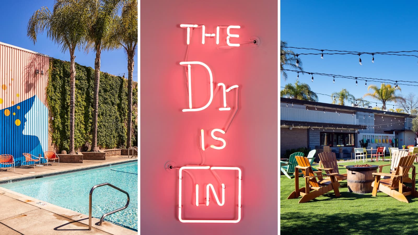 Hotel pool, neon sign, outdoor seating with lights