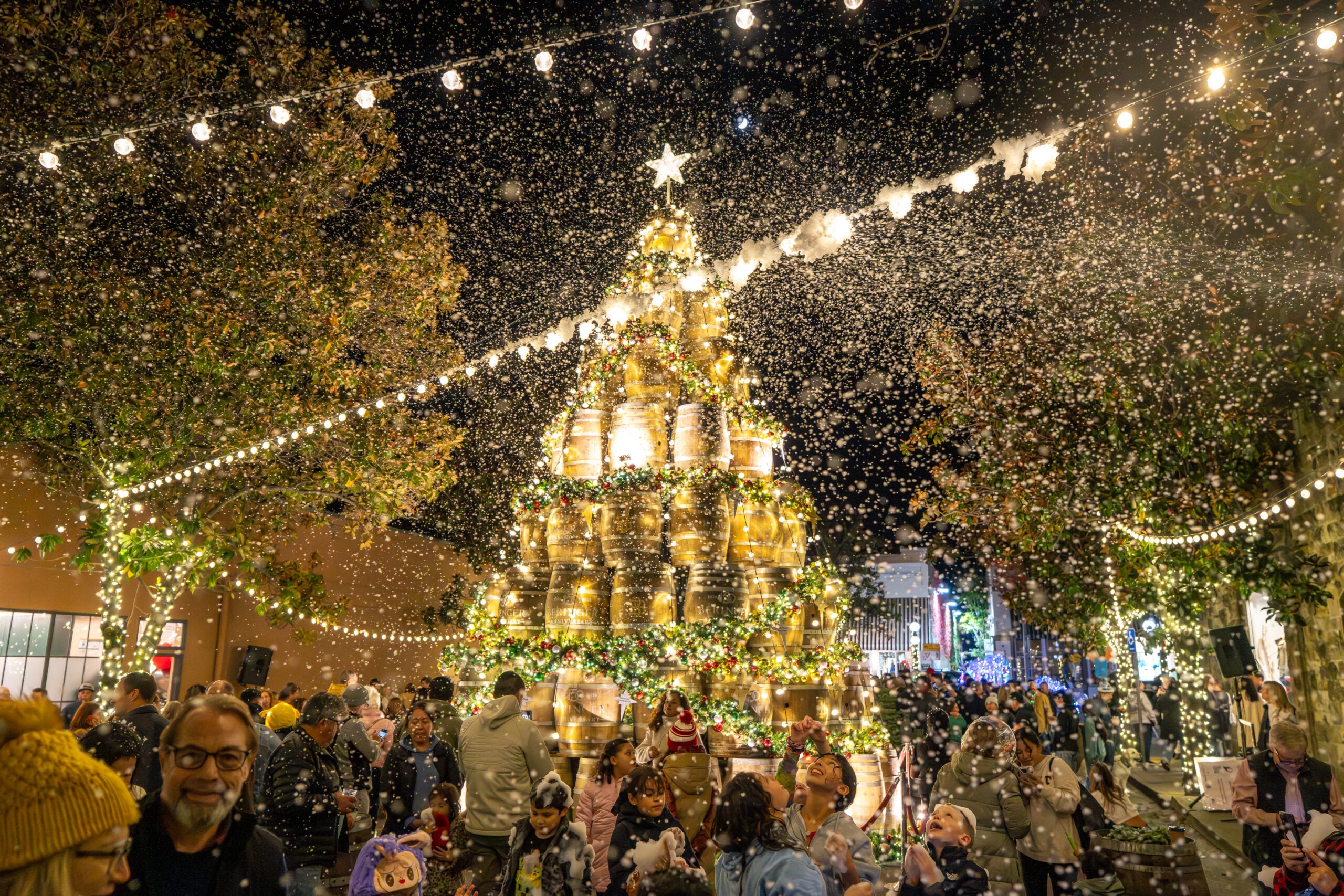Crowd enjoys artificial snow beside illuminated Christmas tree