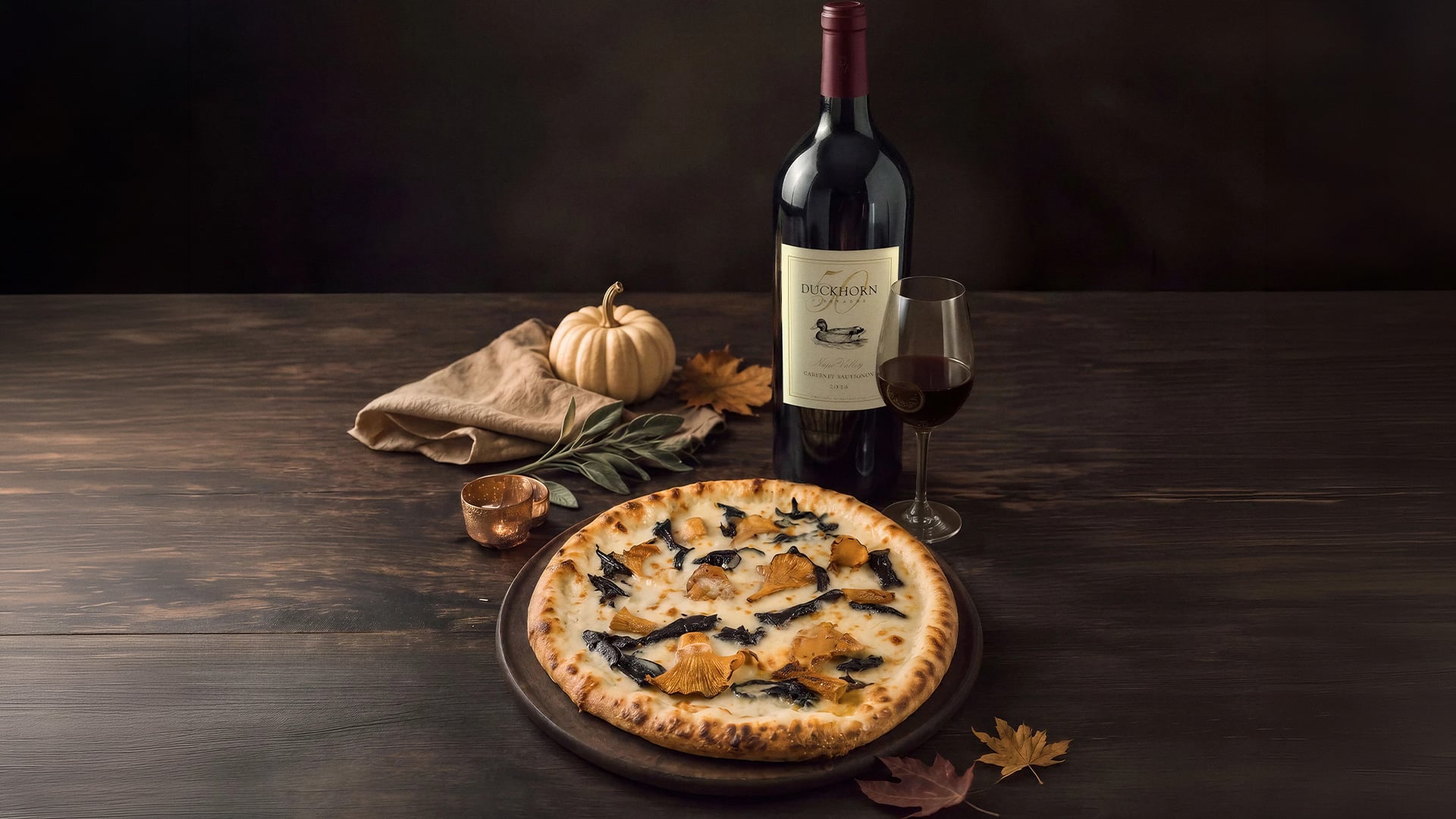 Mushroom pizza with red wine and autumn decor
