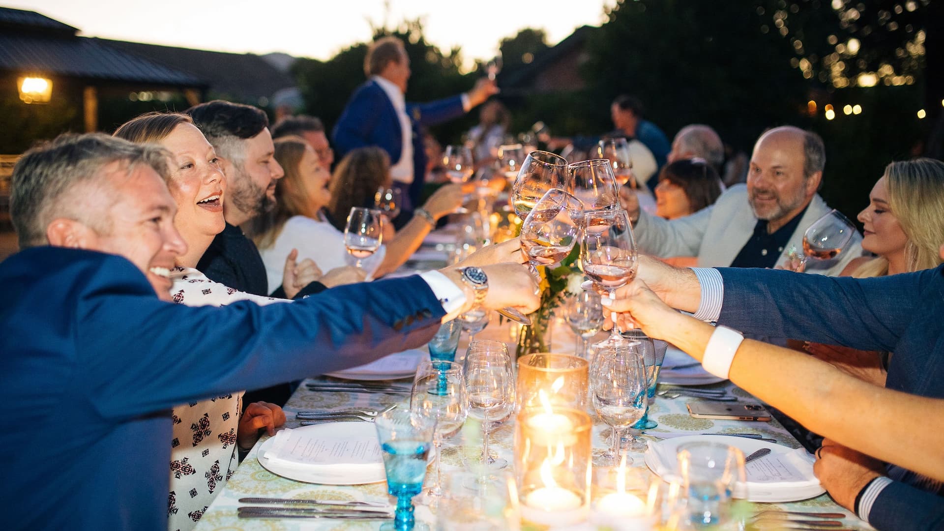 Group toasting with wine at outdoor dinner