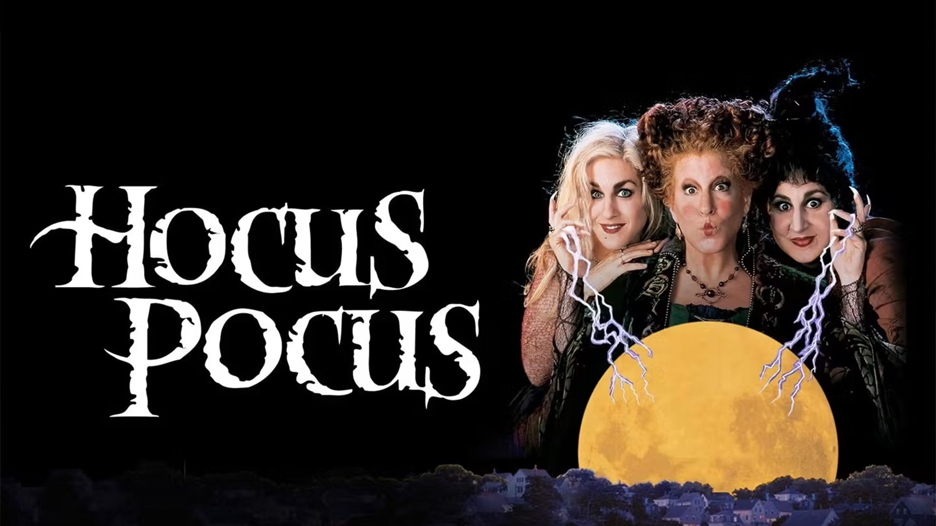 Hocus Pocus witches above moonlit town