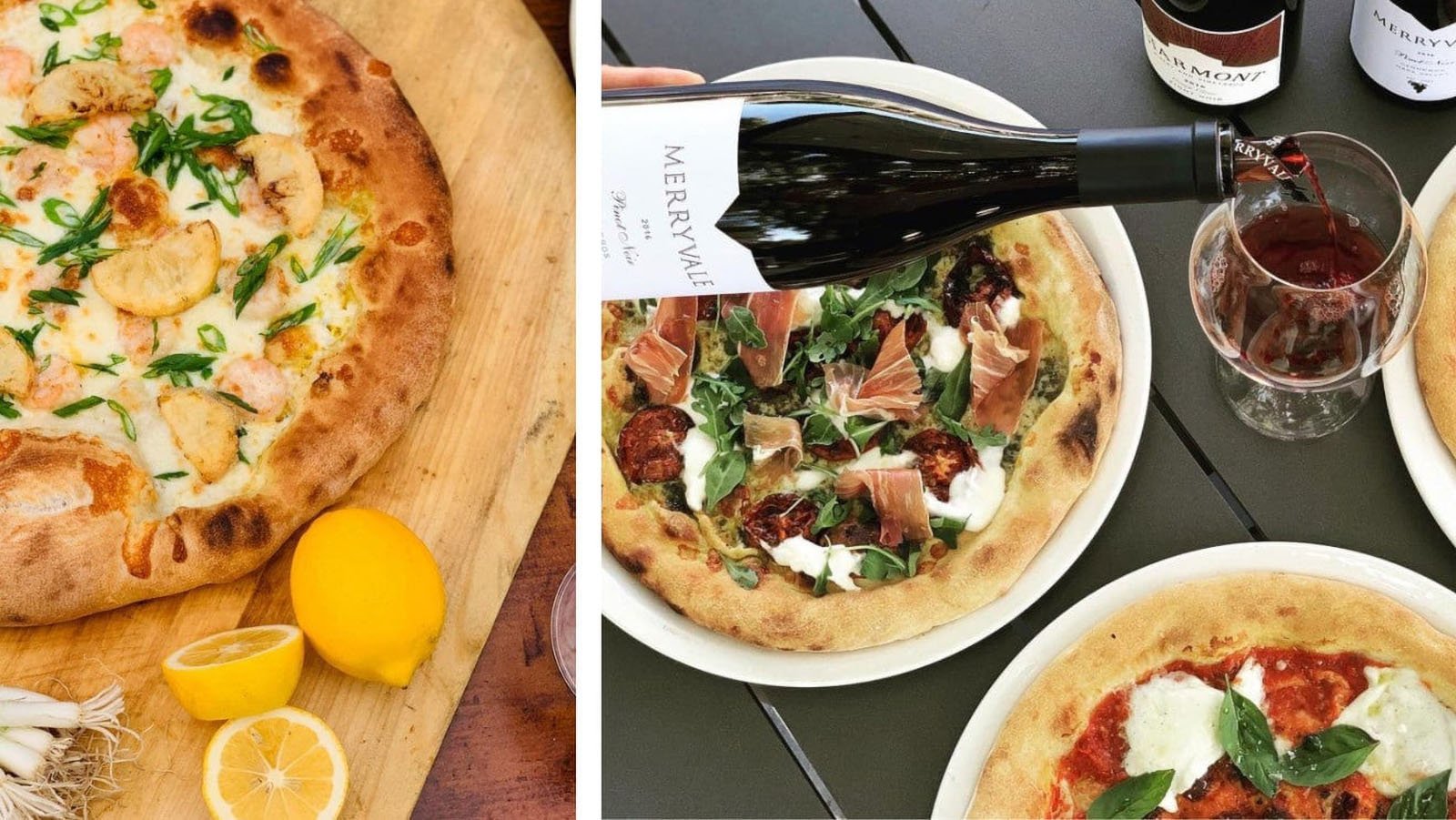 Delicious pizzas and wine pouring into glass