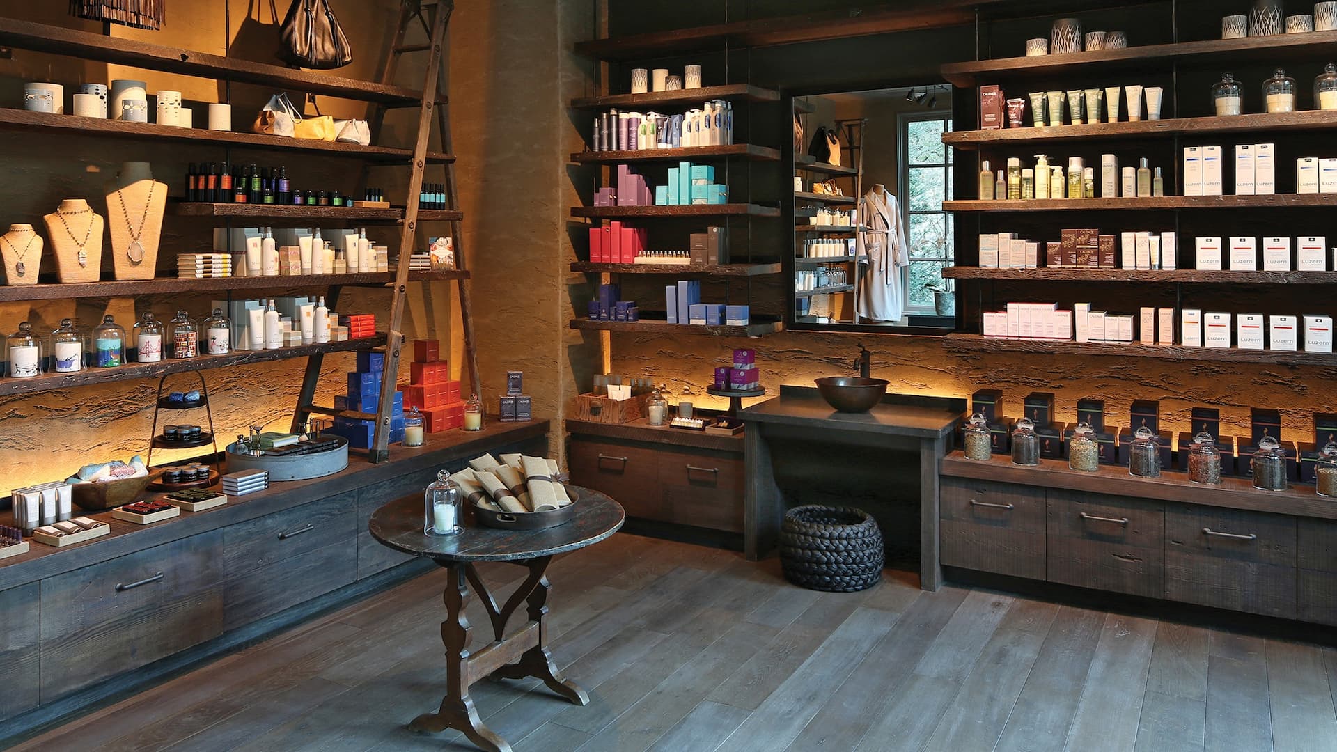 Rustic boutique with wooden shelves and beauty products.