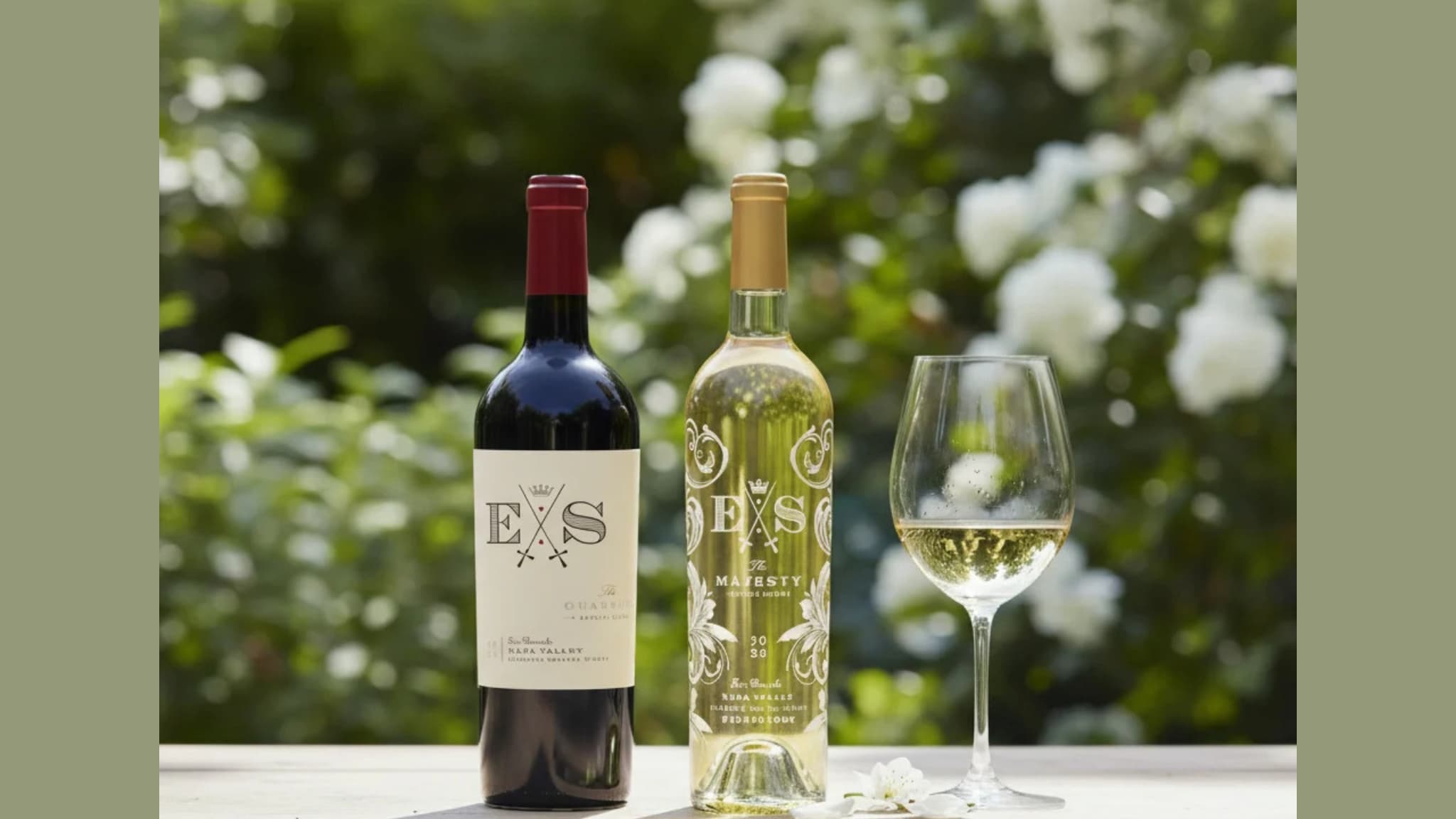 Red and white wine bottles with glass outdoors