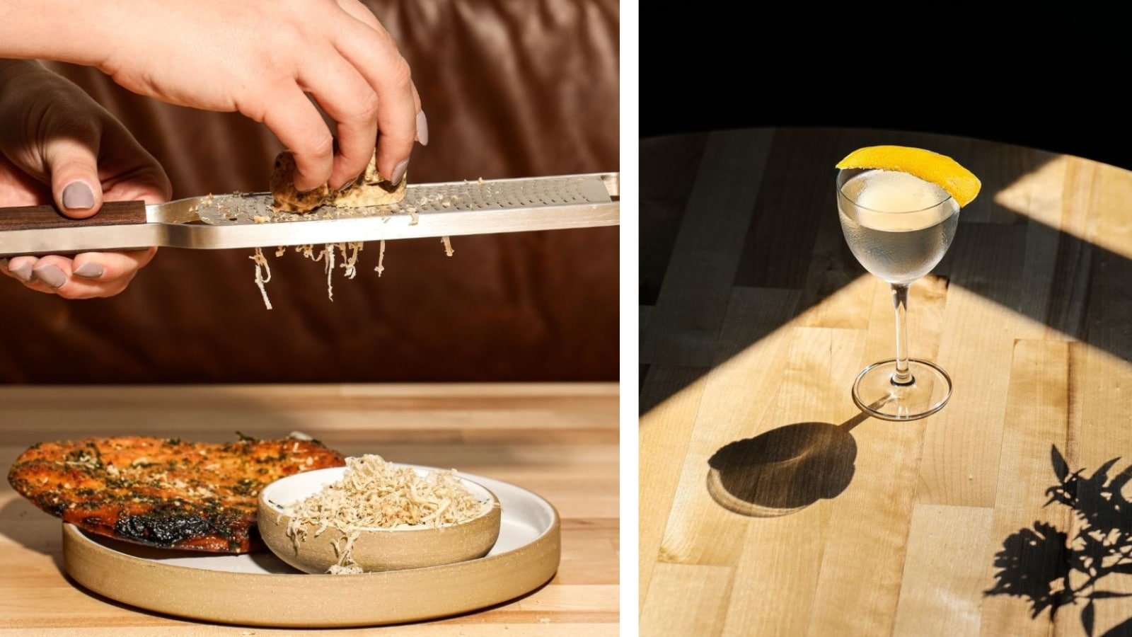 Grating food and cocktail on wooden table.