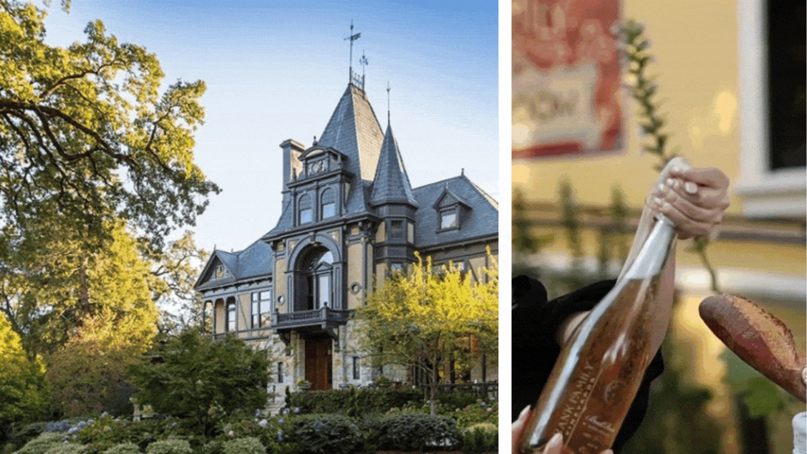 Victorian house and person opening wine bottle.