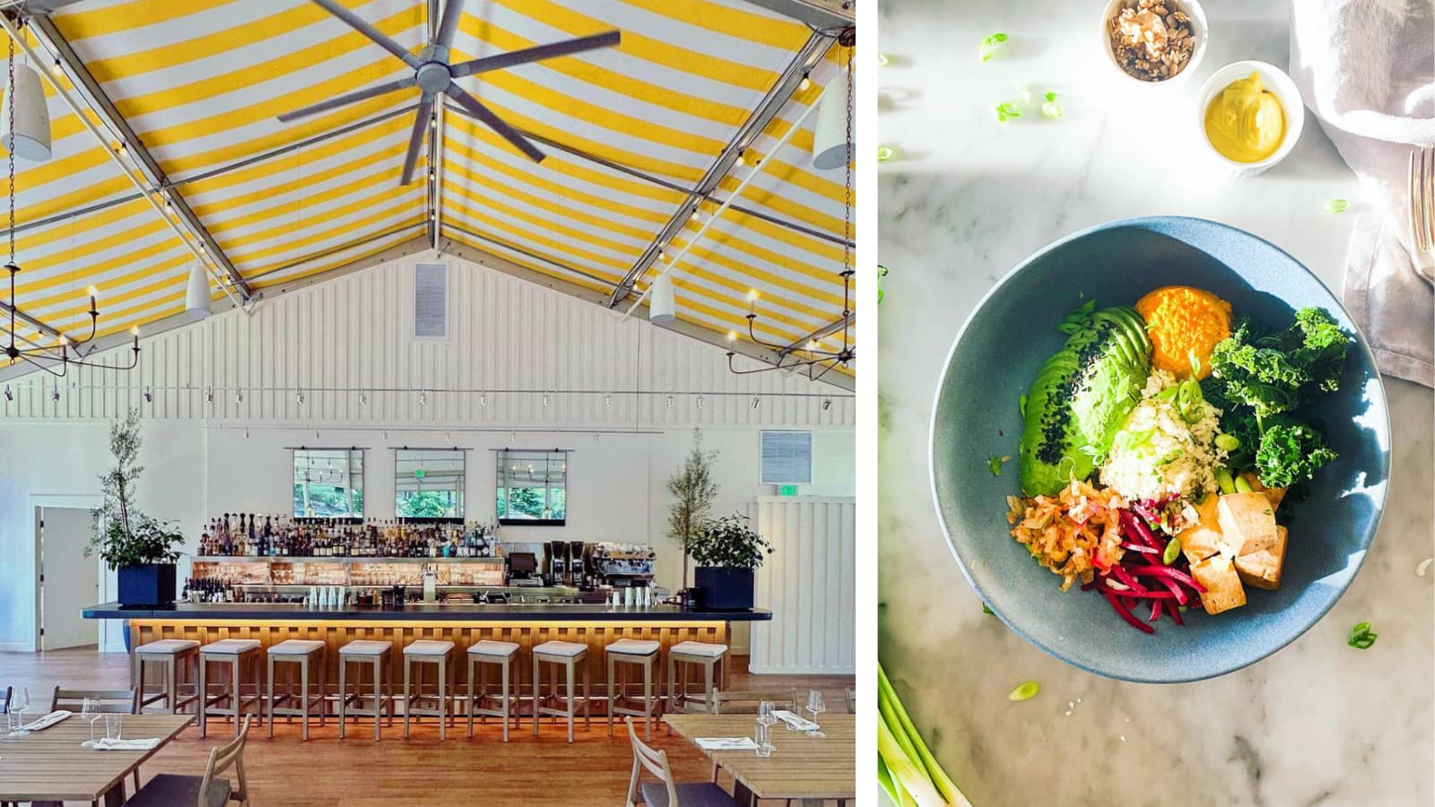 Restaurant interior and bowl of healthy salad