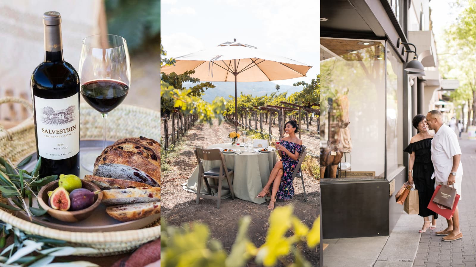 Wine, vineyard dining, couple shopping.