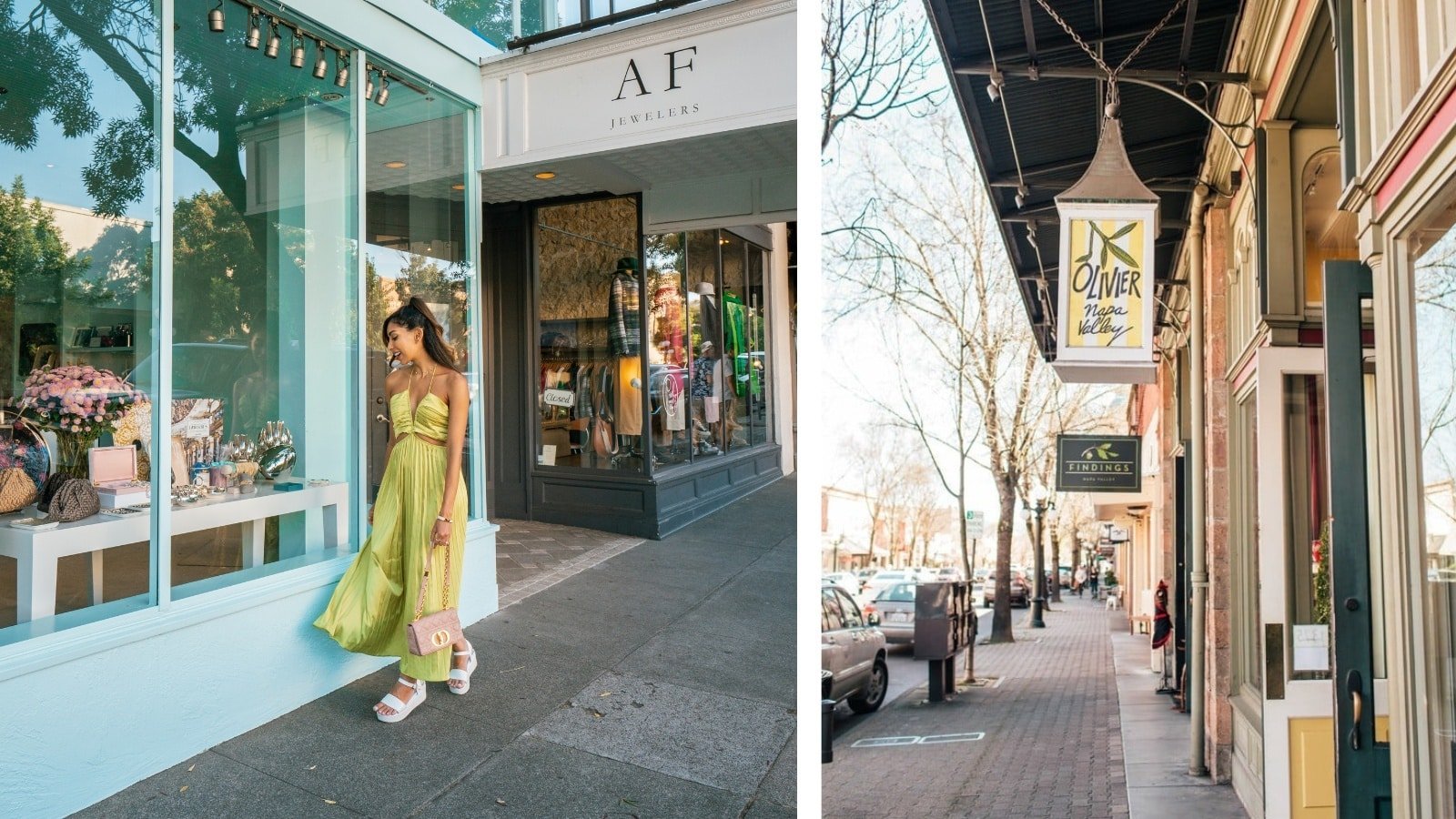 Woman shopping at AF Jewelers, Napa Valley street