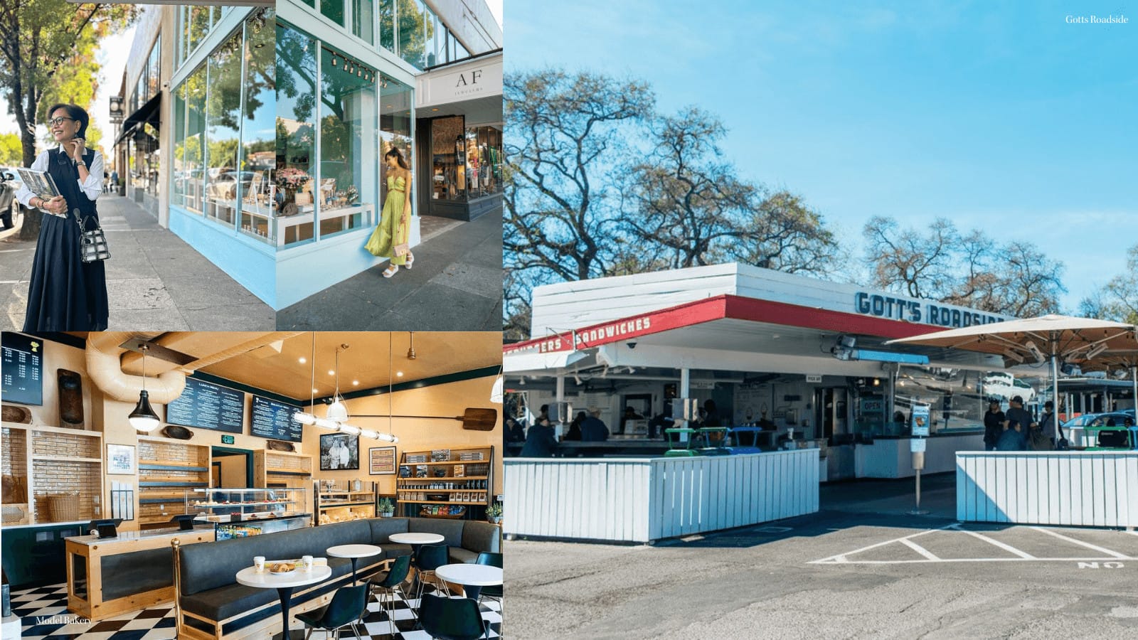 People shopping, dining, and enjoying outdoor scenery.