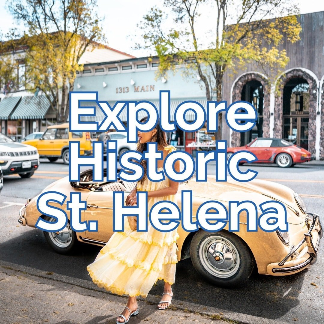 Explore historic St. Helena, woman by vintage car.
