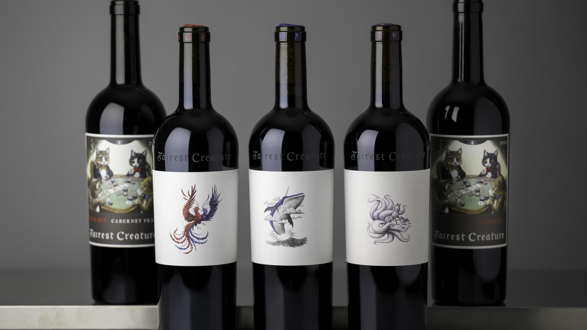 Fairest Creature wine bottles with artistic labels