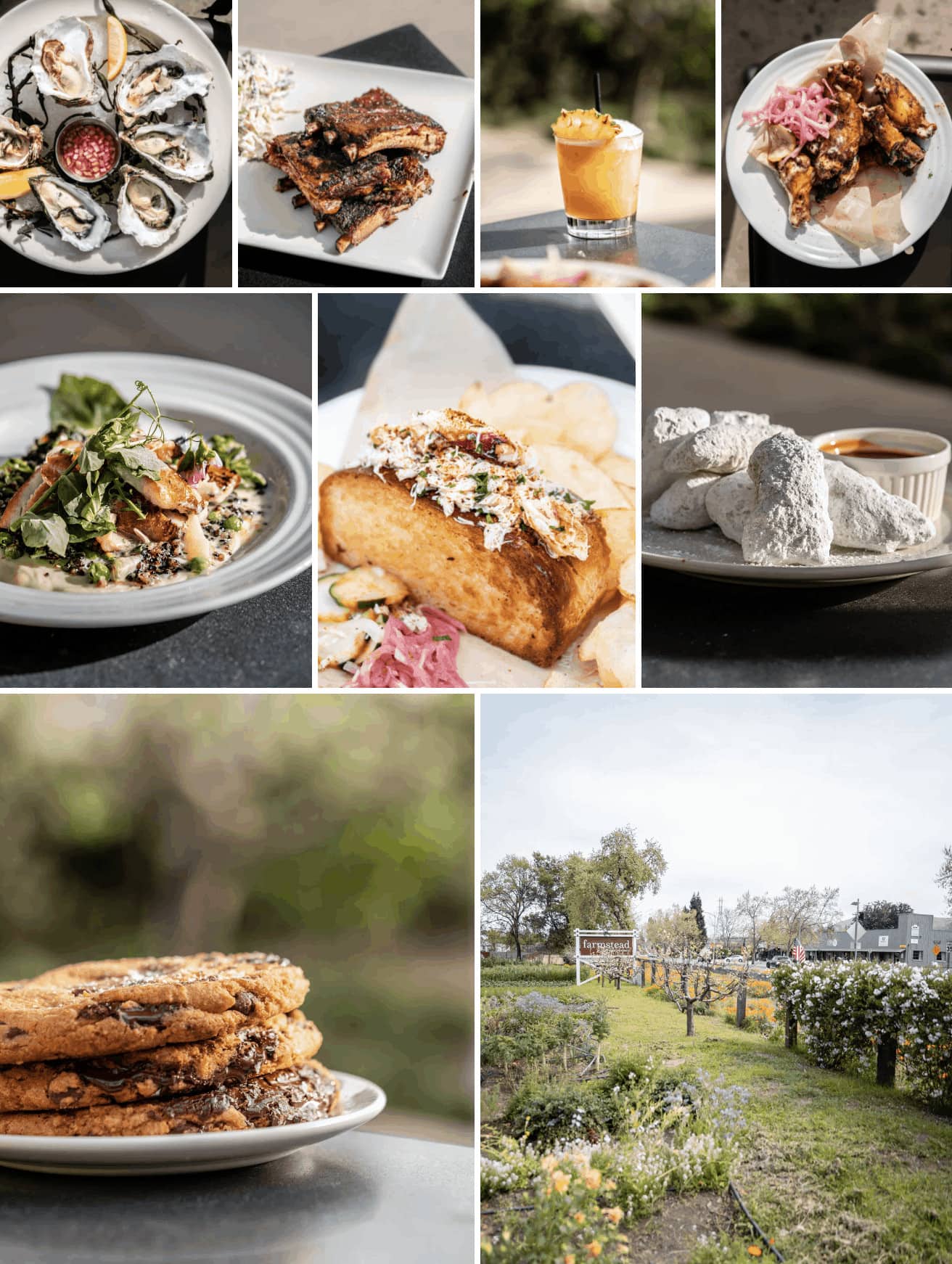 Collage of gourmet dishes and garden view at farmstead.