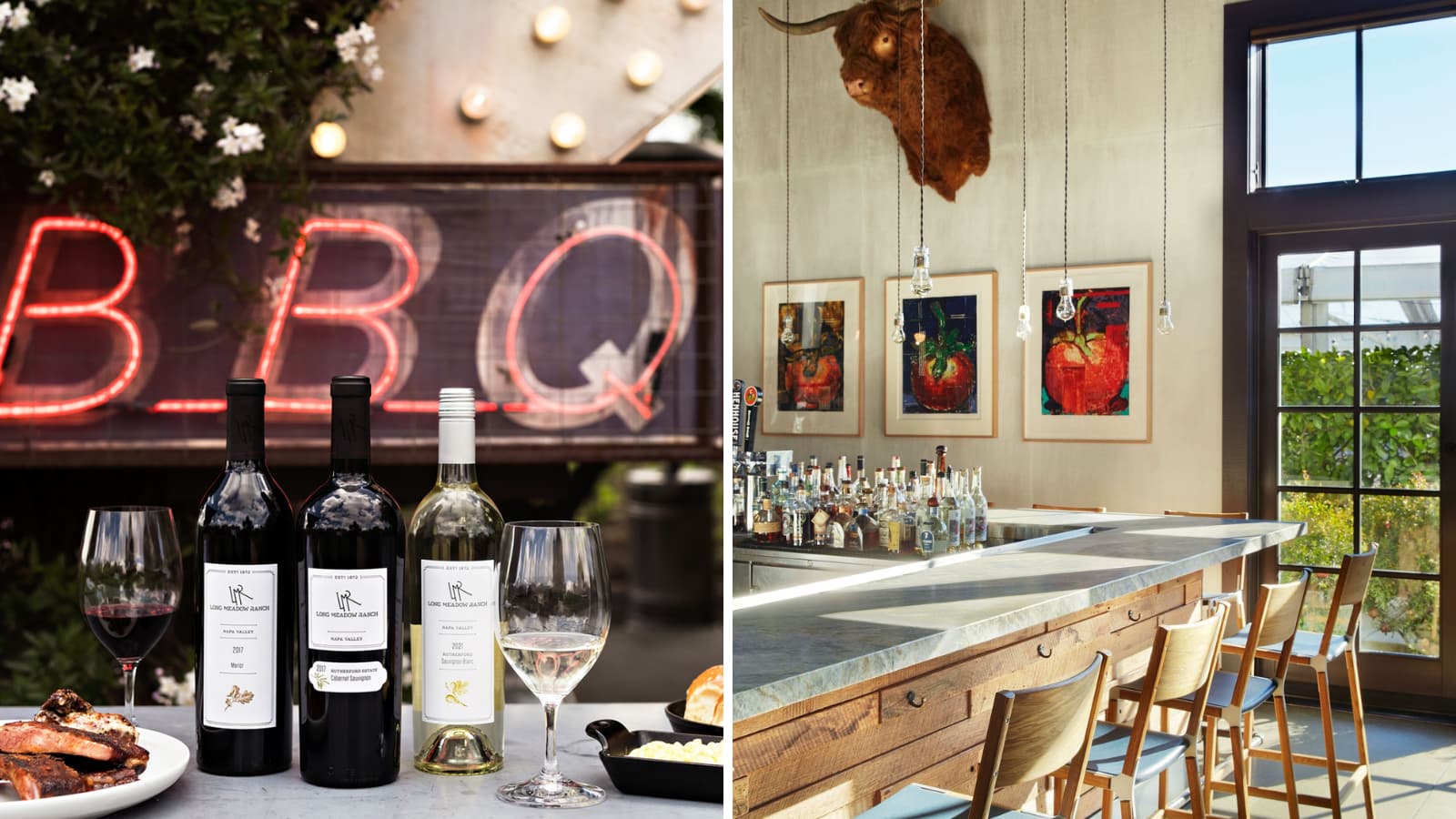 BBQ restaurant with wine bottles and bar interior