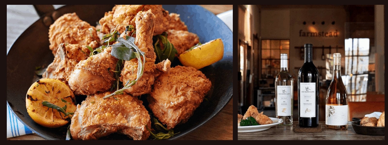 Fried chicken with wine bottles at Farmstead.