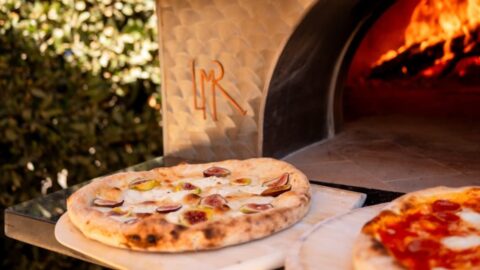 Wood-fired oven pizzas with figs and cheese.