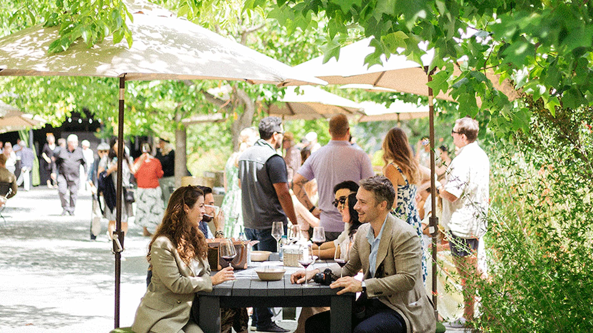 People enjoying outdoor dining in sunny garden setting.