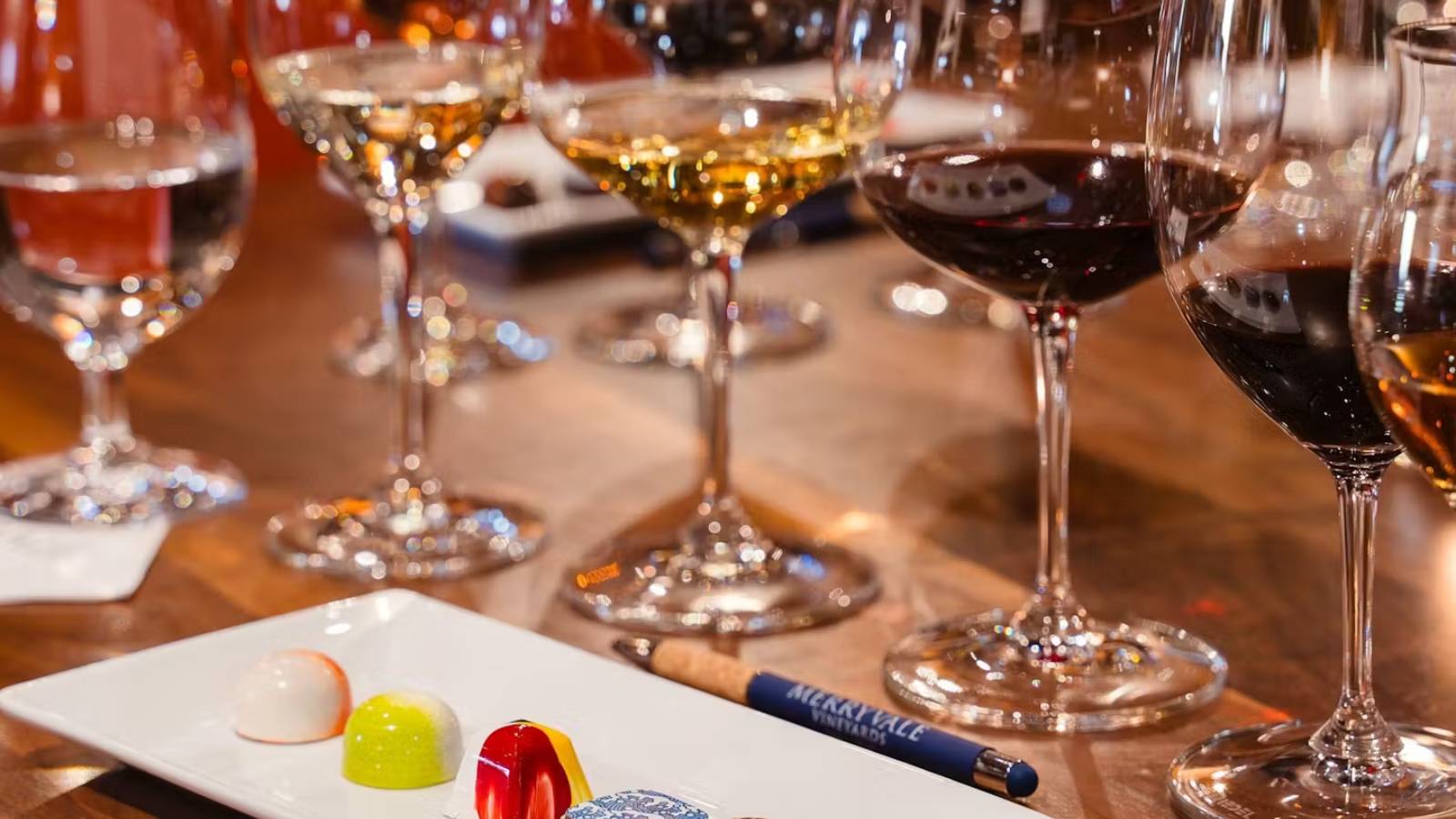 Assorted wines and chocolates on wooden table