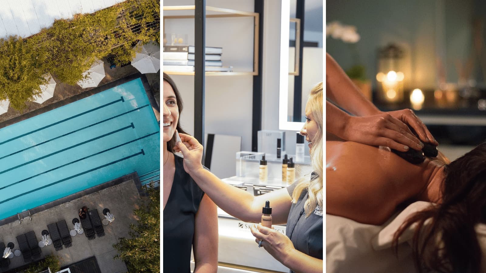 Swimming pool, makeup application, and massage therapy.