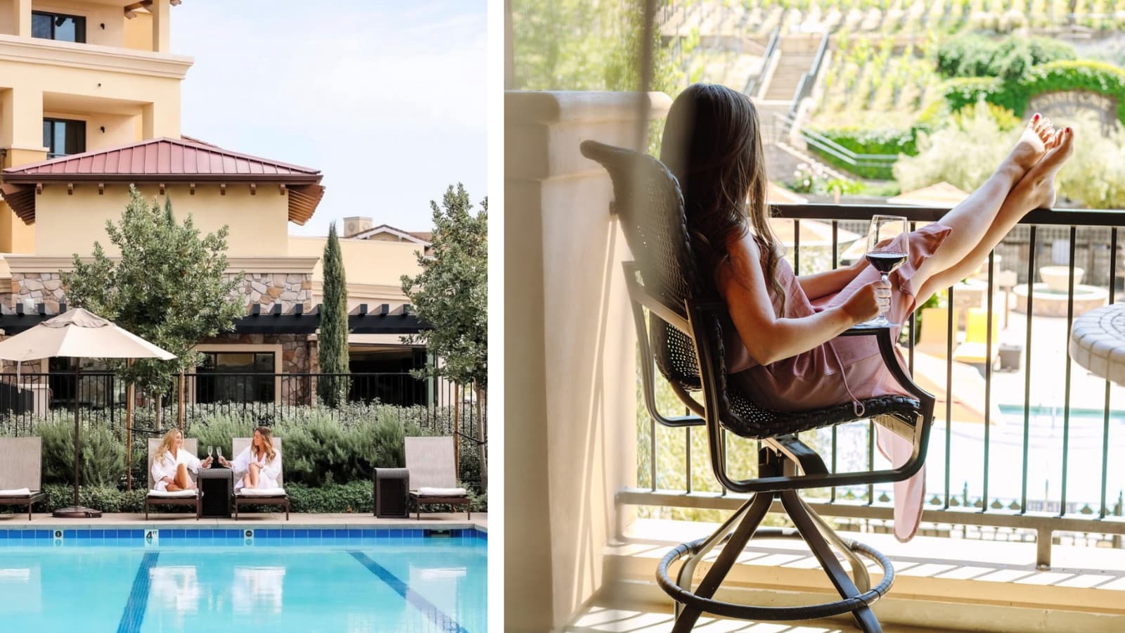Women relaxing at a resort with pool and wine.