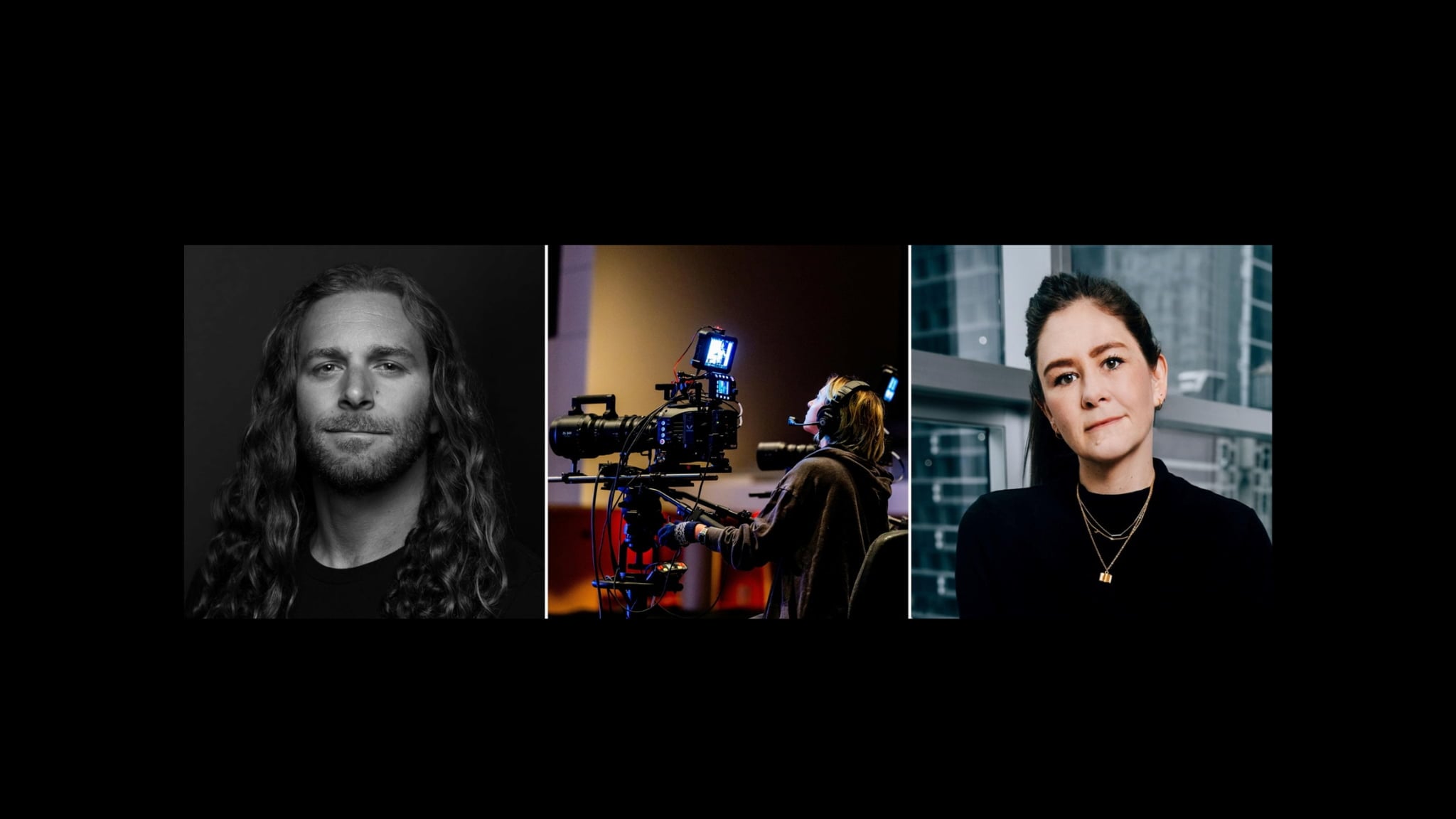 Three-panel collage of portraits and camera operator