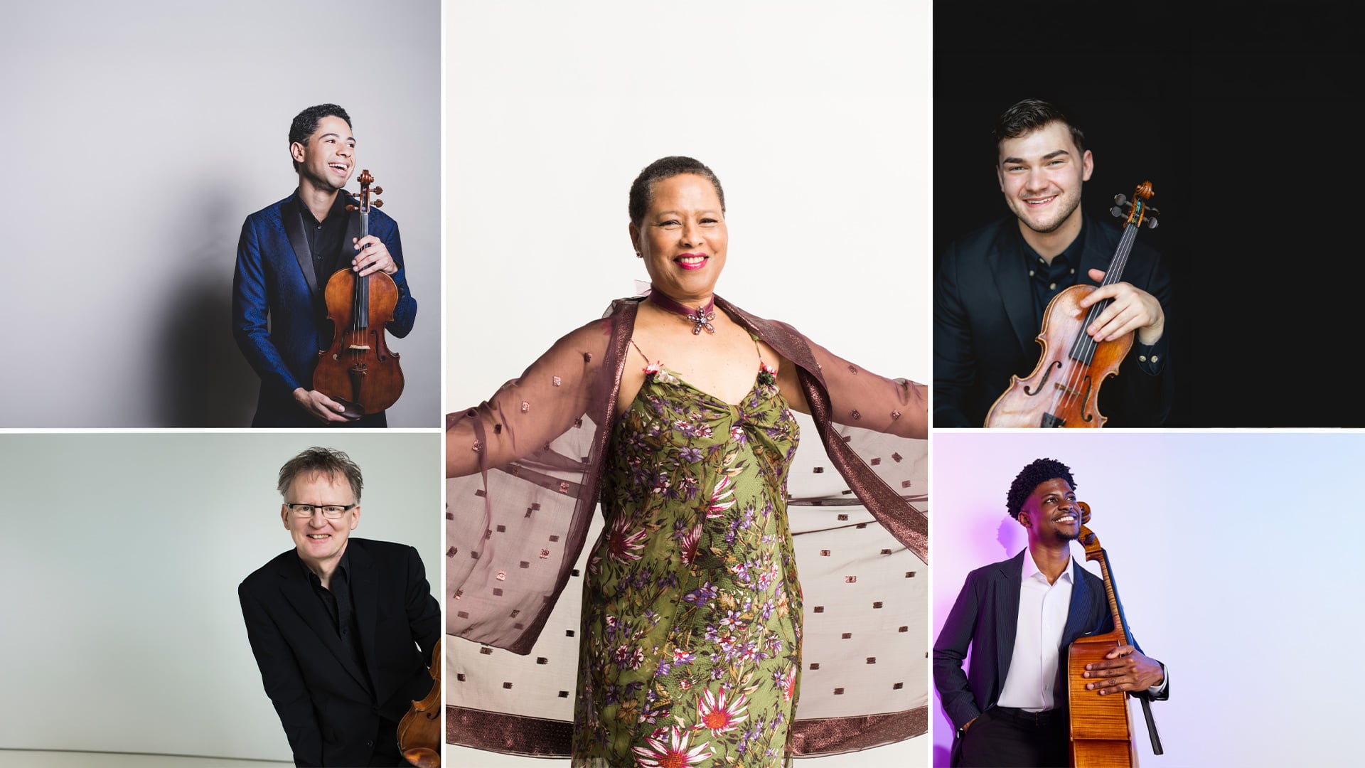 Portrait collage of five classical musicians with string instruments