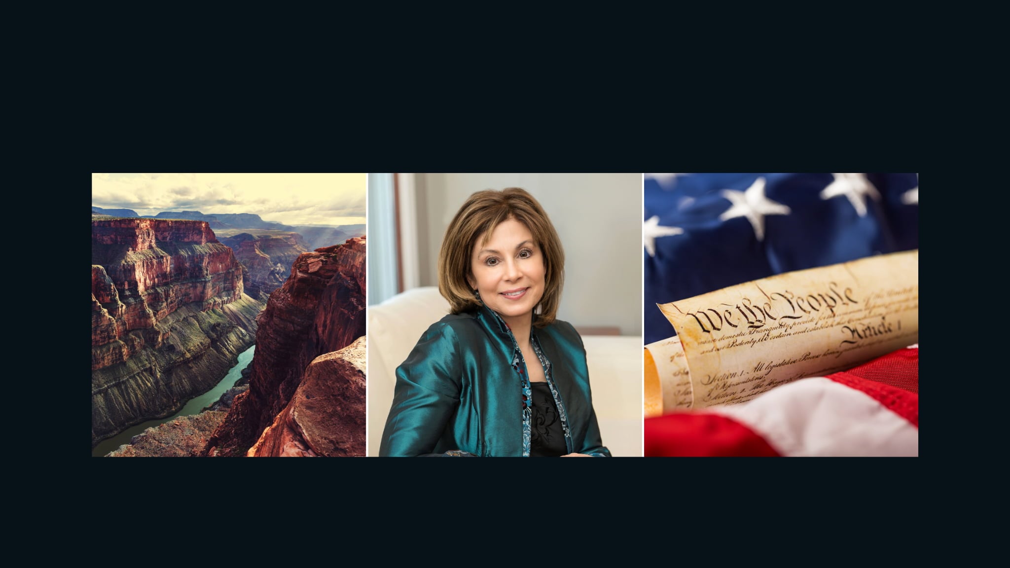Grand Canyon, woman portrait, Constitution and flag