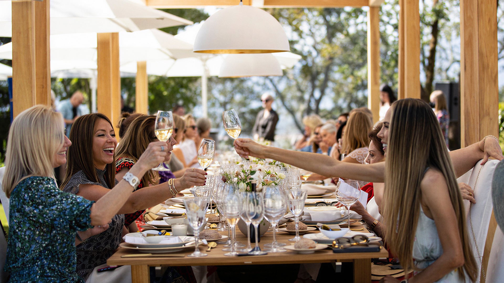 Guests toast with wine at an outdoor dinner