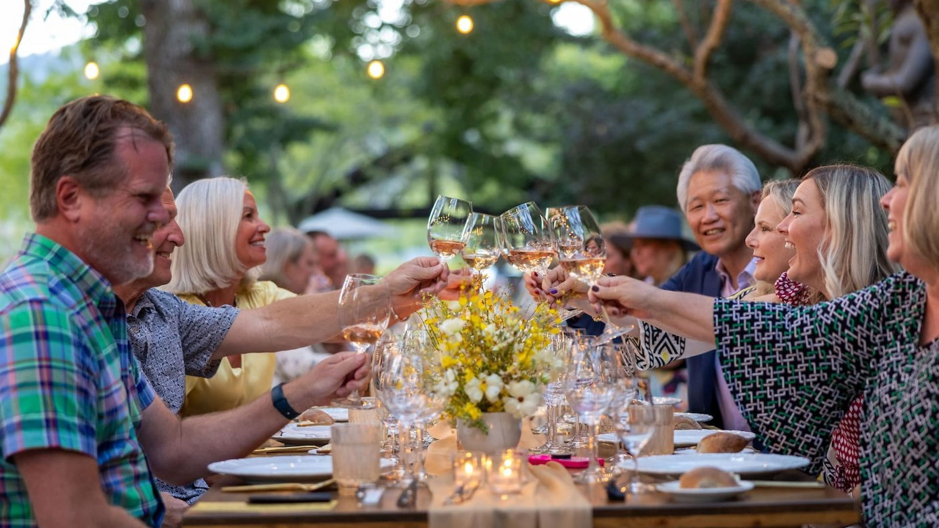 Friends toasting wine outdoors at dinner party.
