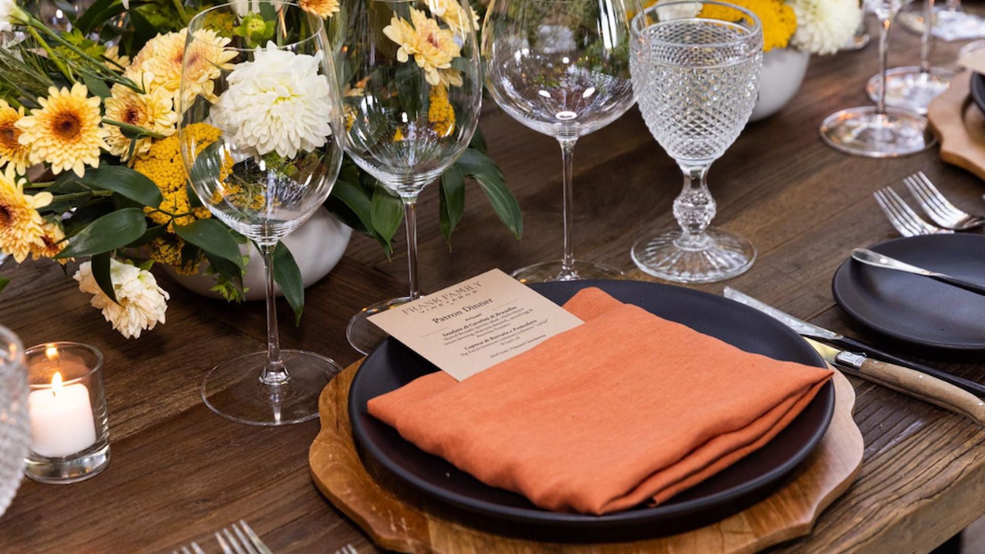Elegant dining table with flowers and glassware.
