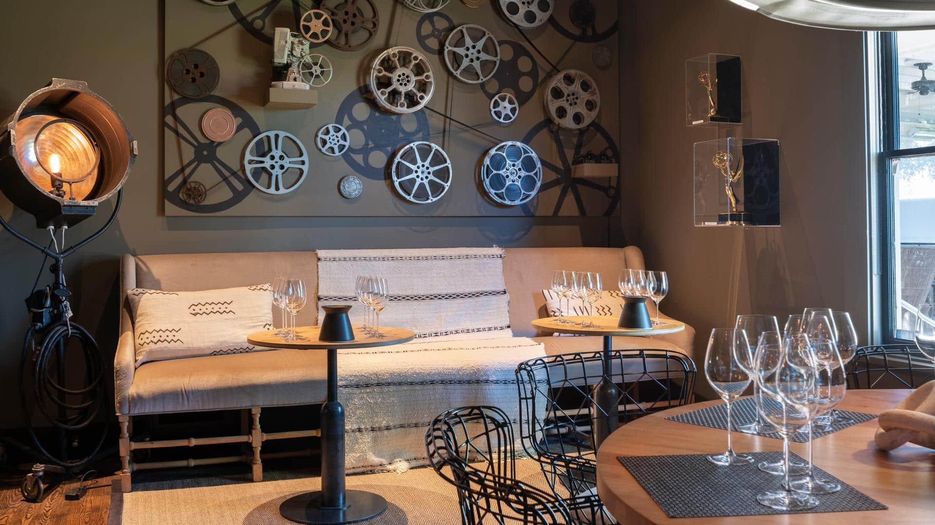 Cozy dining area with vintage film decor.
